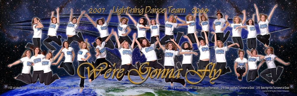 2007 Lightning Dance Team group photo with a space-themed backdrop.