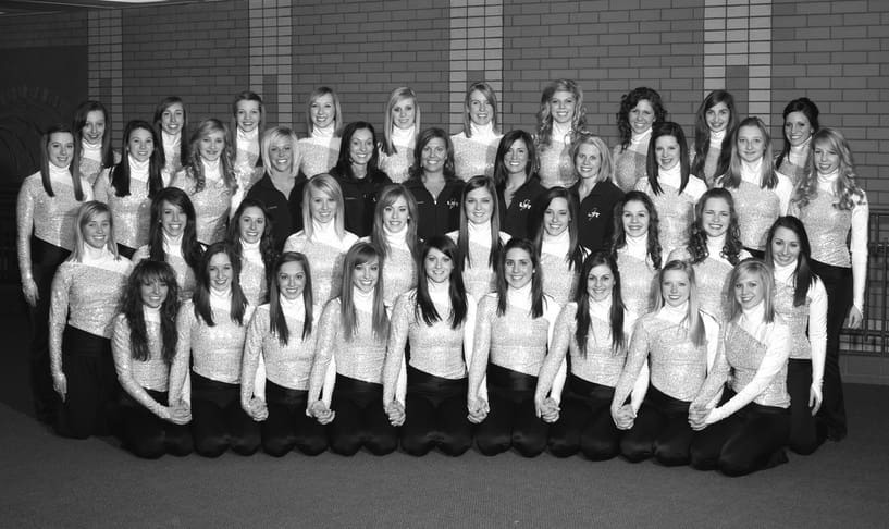 2009-2010 Lightning Dance Team group photo in black and white.